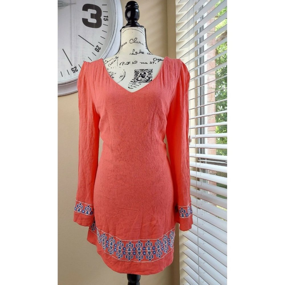Umgee Dress Bohemian Orange Festival Boho Embroider Trim V-Neck Sz Large